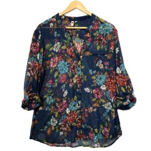 Kut from the Kloth Sheer Floral Button Down Tunic Blouse Size XL Roll Up Sleeves